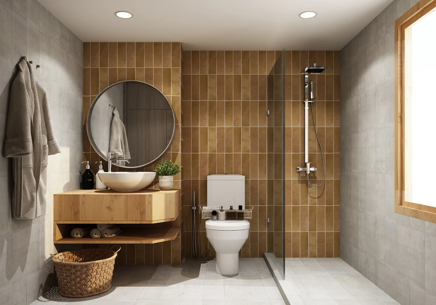Compact renovated ensuite with round mirror and glass shower screen