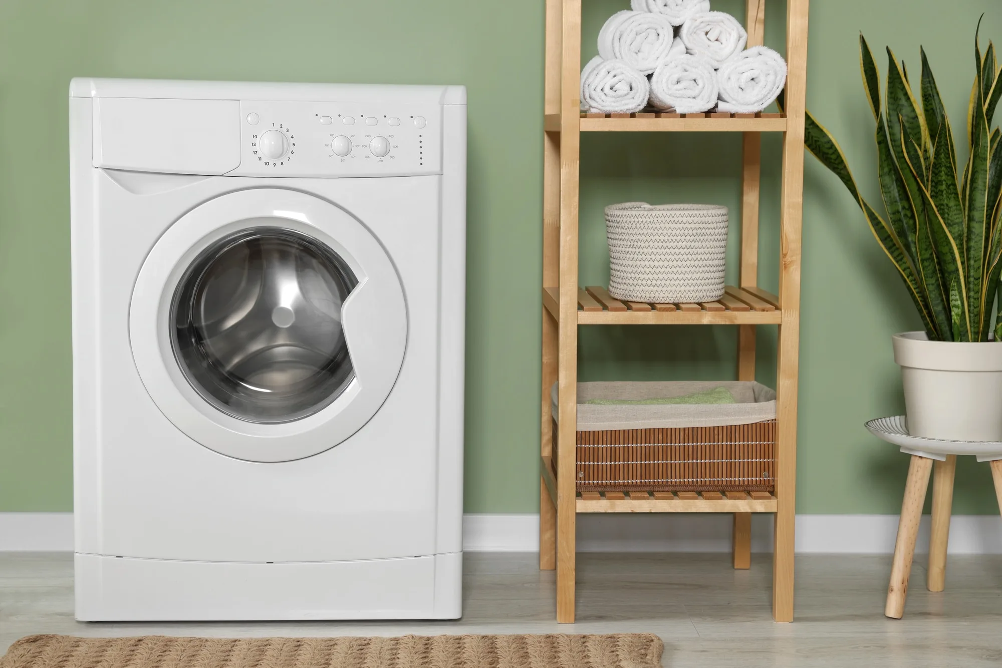 Laundry with white brick wall, floating shelf and front-load washer and dryer