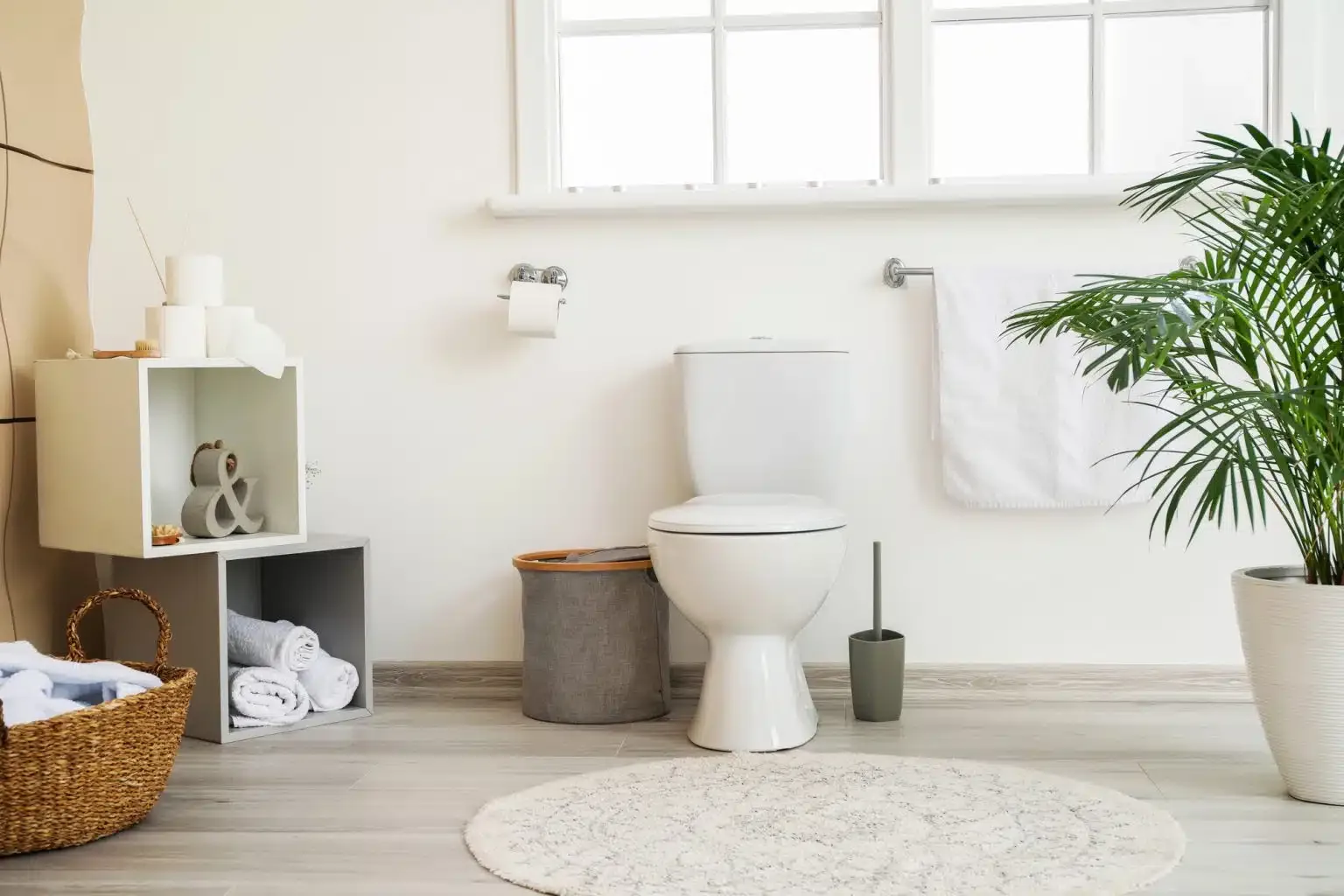 Bright toilet and powder room with a palm plant beside a large window